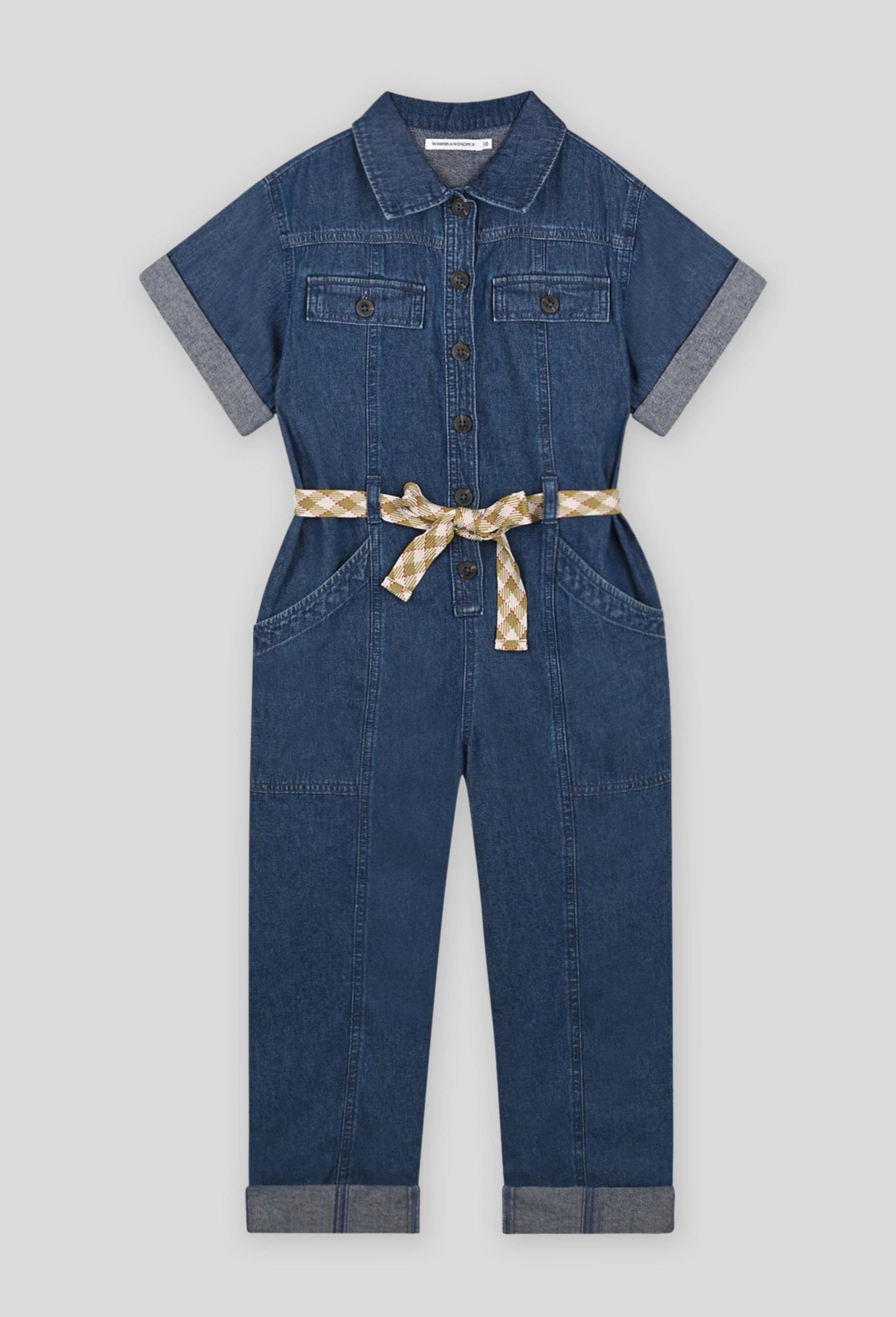 Combinaison pantalon en jean à manches courtes, Coton BIO 10 ans bleu foncé