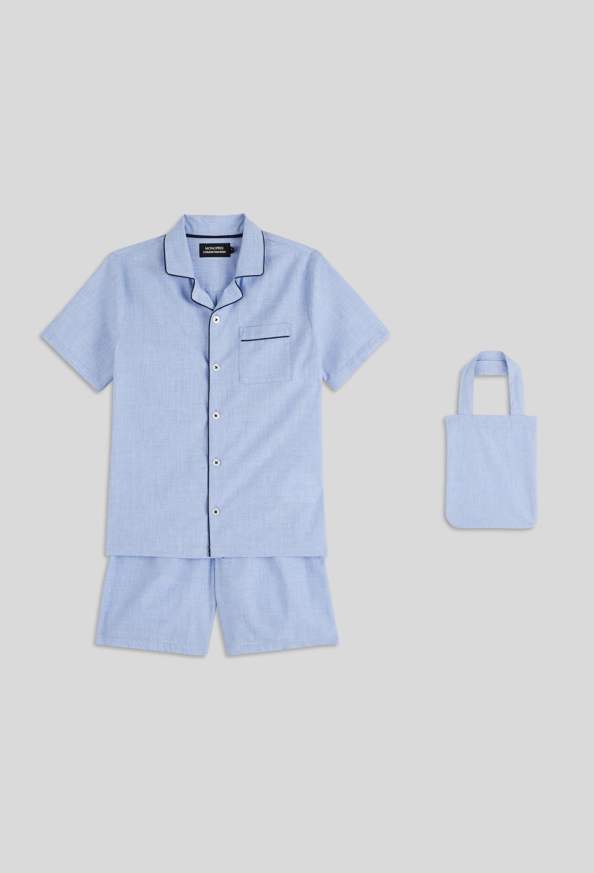 Pyjama court col chemise uni avec totebag assorti en coton BIO 3 ans bleu clair