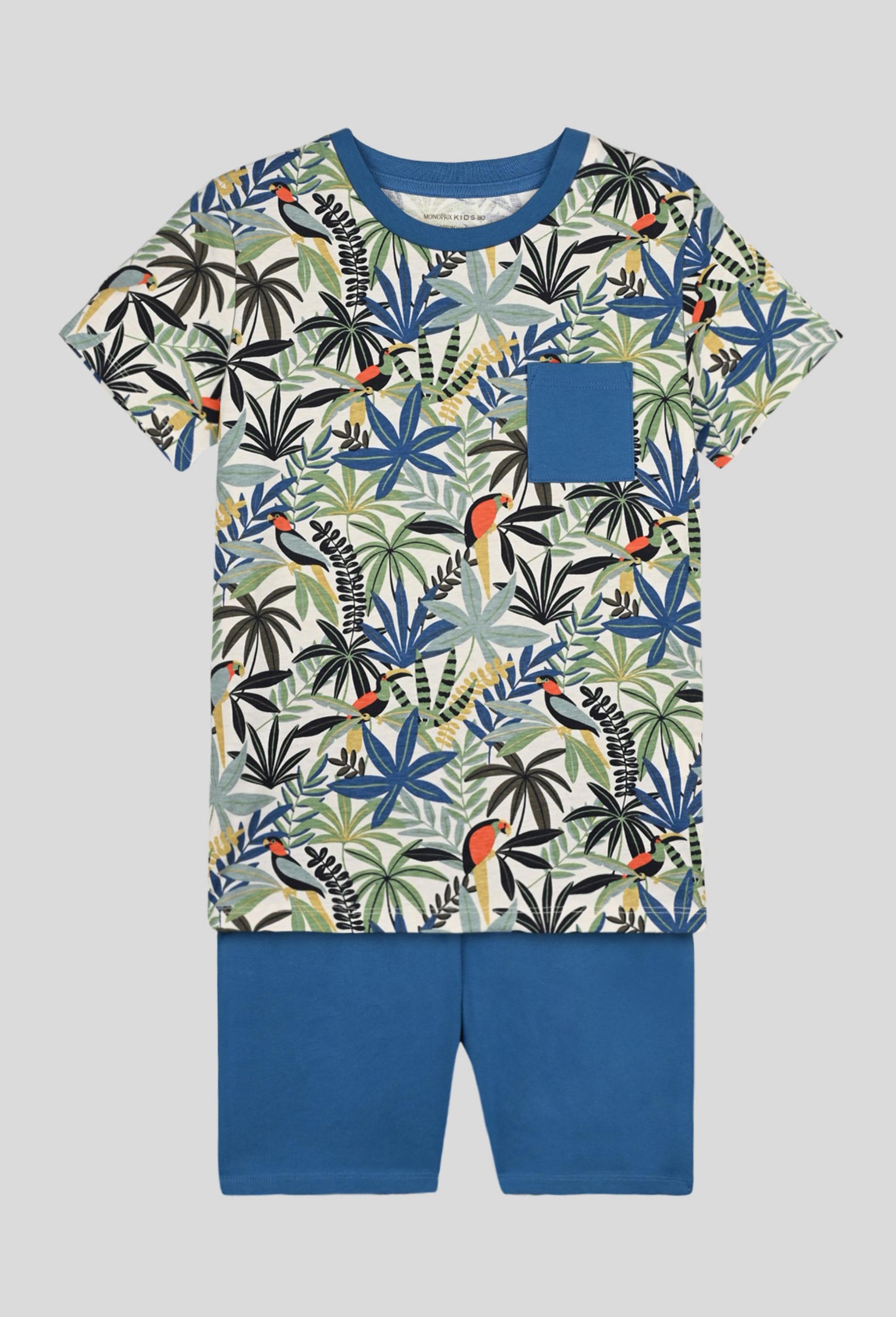 Pyjama court à motif palmier en coton biologique 10 ans bleu