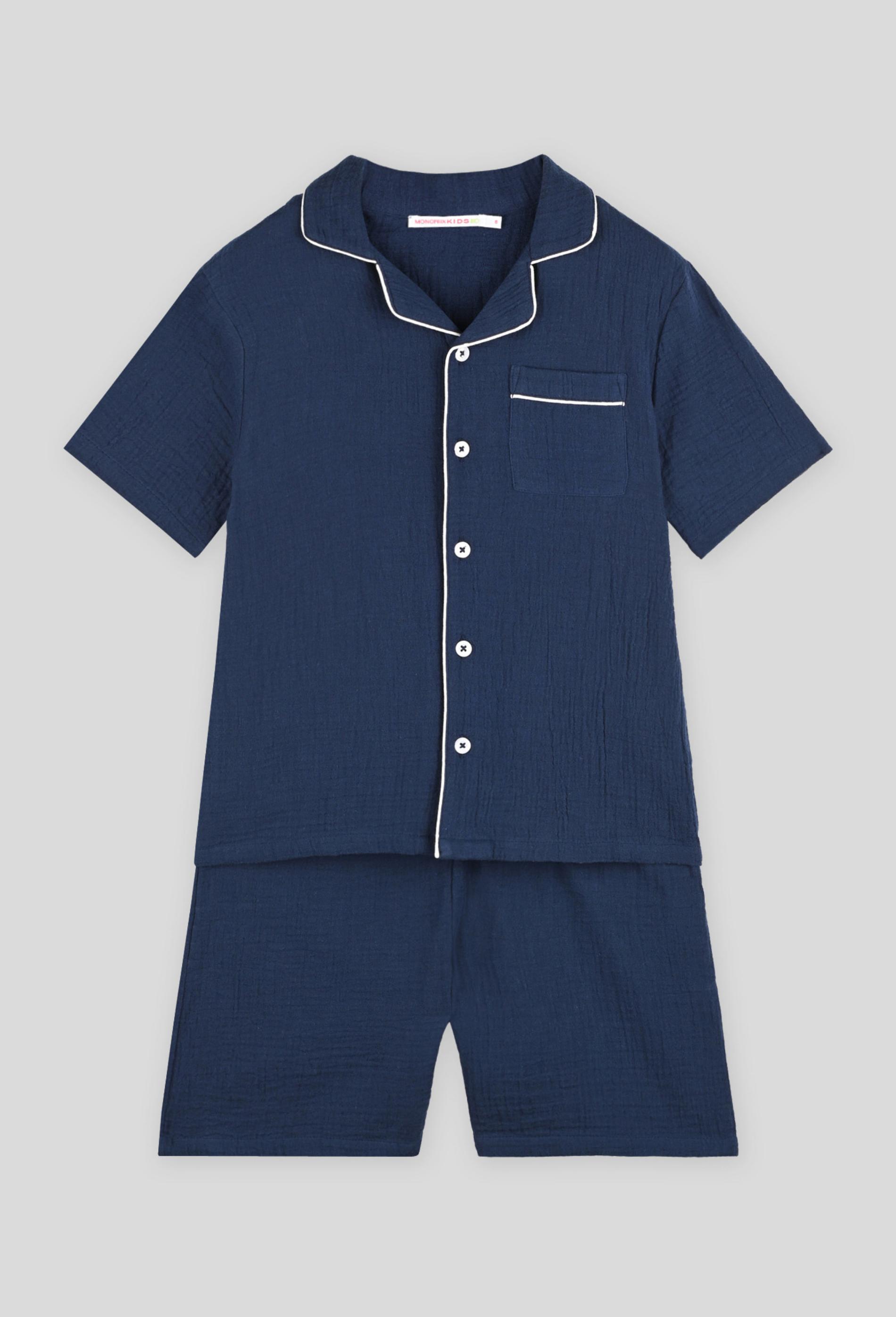 Pyjama court col chemise uni en gaze de coton BIO 3 ans bleu foncé