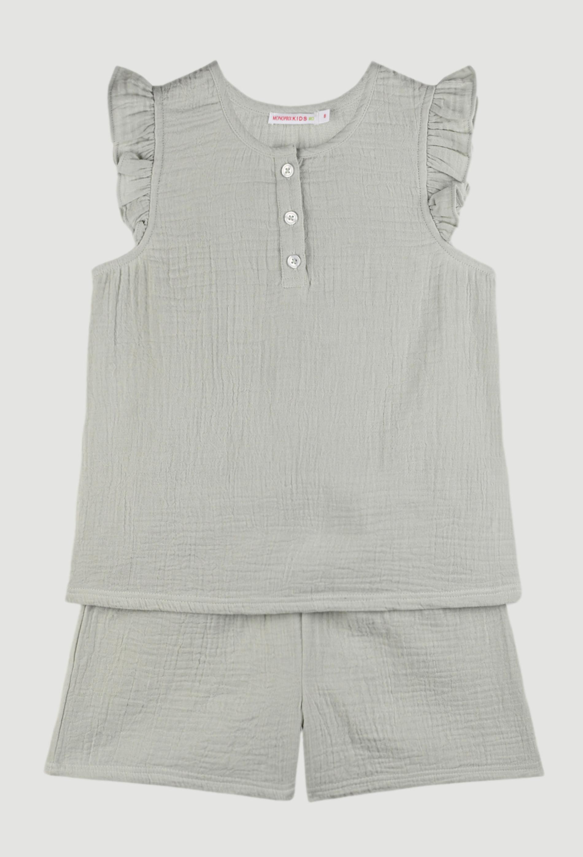 Pyjama court épaules volantées uni en gaze de coton BIO 3 ans vert clair