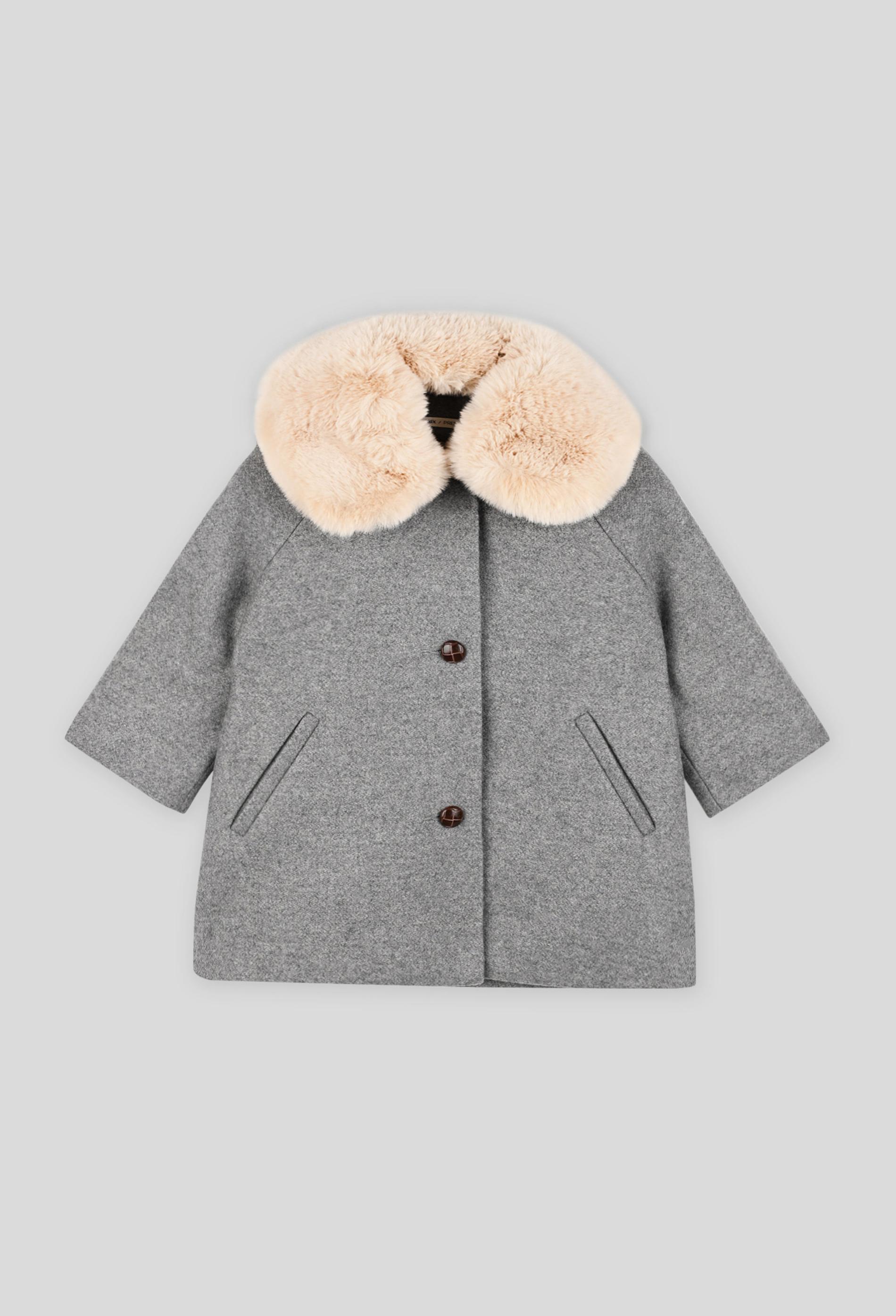 Manteau en laine uni avec col en fausse fourrure amovible manches longues, fille 12 mois gris