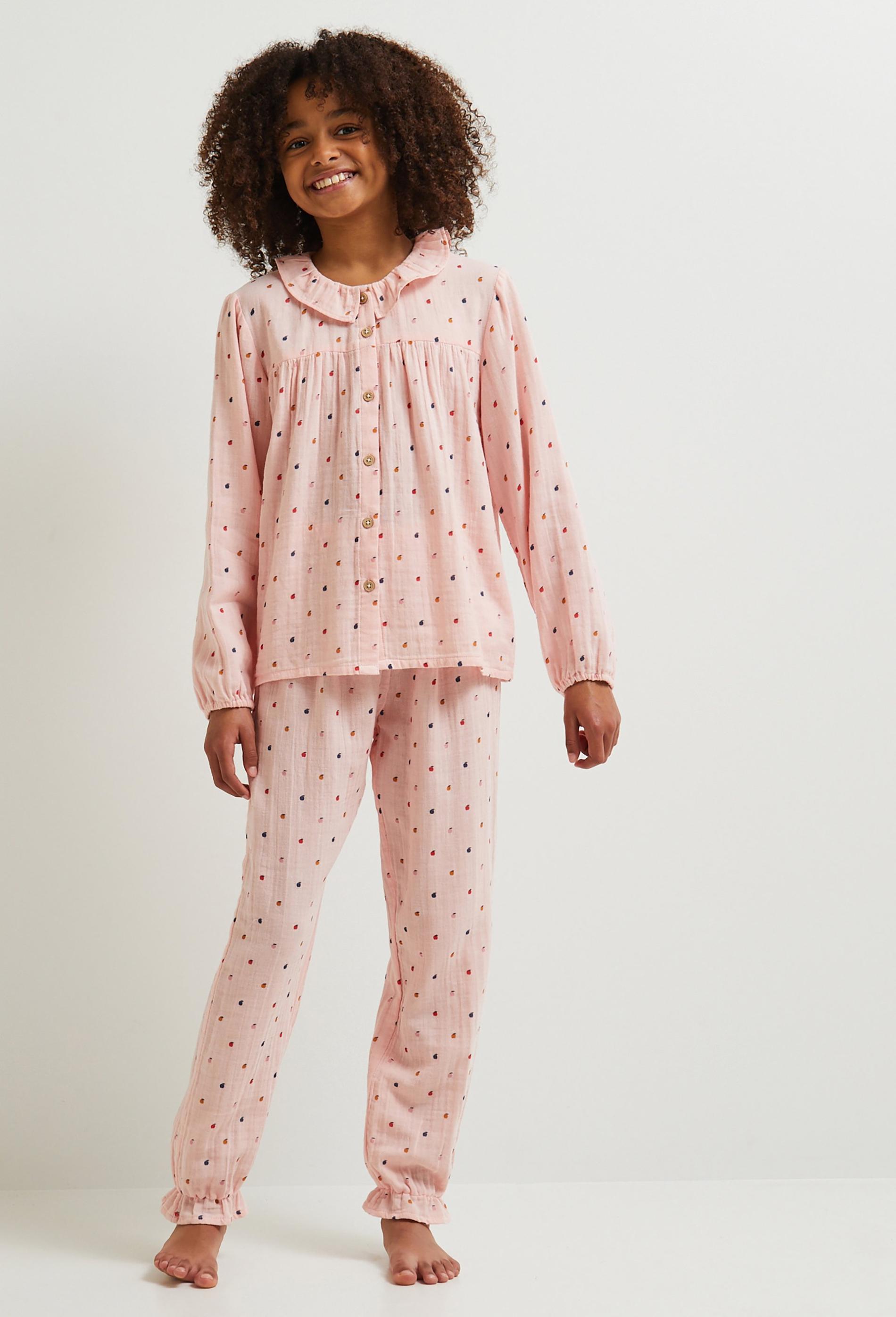 Pyjama long broderies pommes en gaze, BIO 3 ans rose clair
