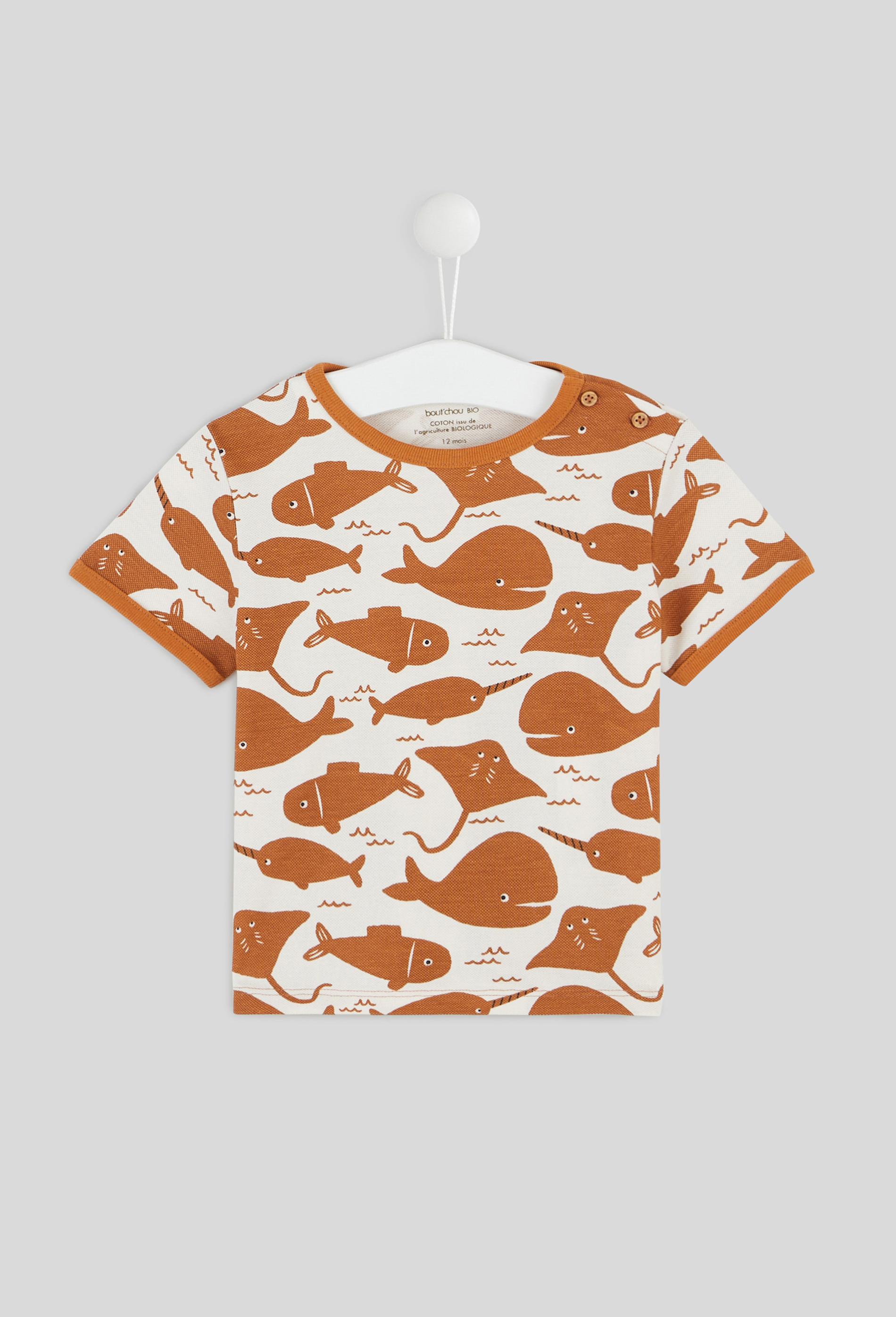 Tee-Shirt piqué imprimé animaux marins col rond manches courtes, garçon, en coton BIO, OEKO-TEX 6 mois brun clair