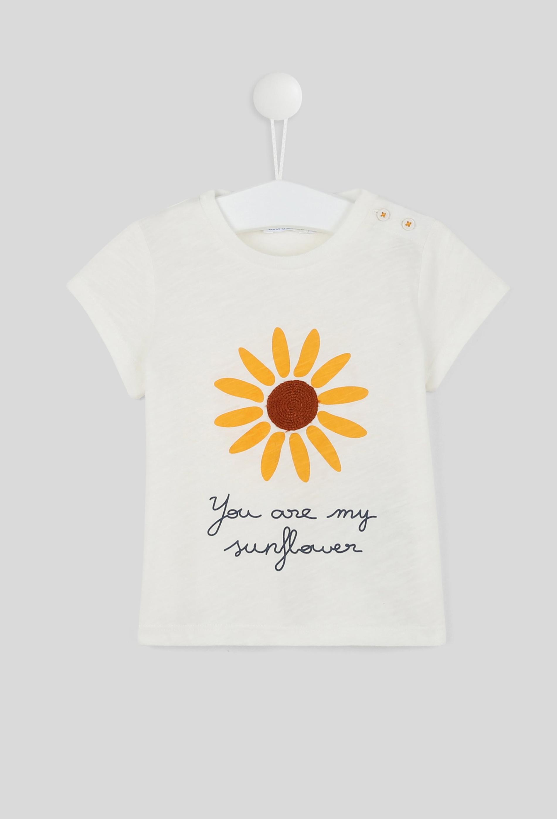 Tee-Shirt imprimé fleur et message col rond manches courtes, fille, en coton BIO, OEKO-TEX 6 mois ecru