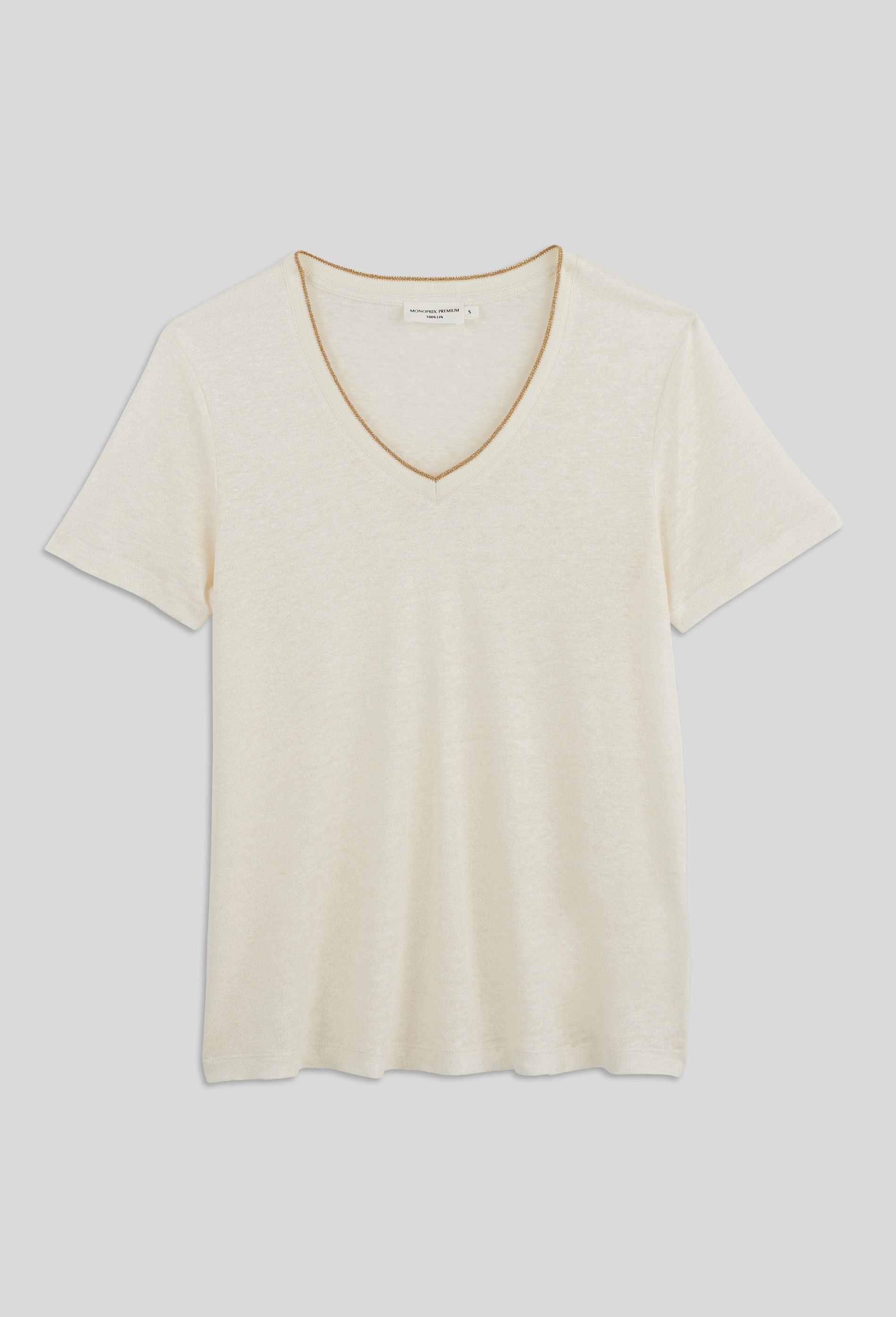 T-shirt col V en lin Femme - Ecru
