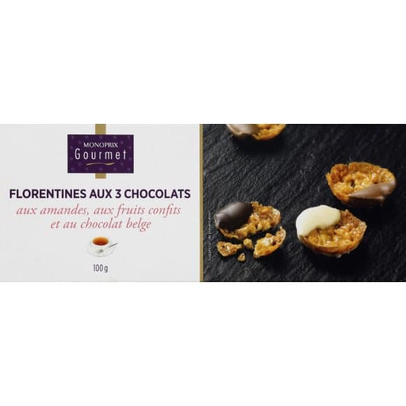 Florentines aux 3 chocolats aux amandes, aux fruits confits et au chocolat belge