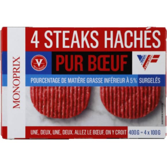 Steaks hachés pur boeuf 5% MG, surgelés.