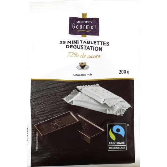 Mini tablettes dégustation 72% de cacao, chocolat noir