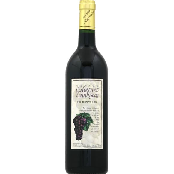Cépage Cabernet Sauvignon, vin rouge de pays d'Oc, 13% vol.