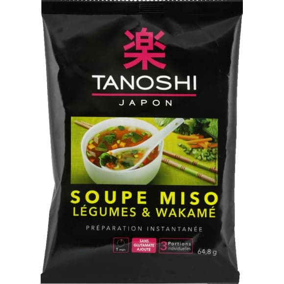 Soupe Miso, légumes & wakamé, préparation instantanée, 3 portionsindividuelles