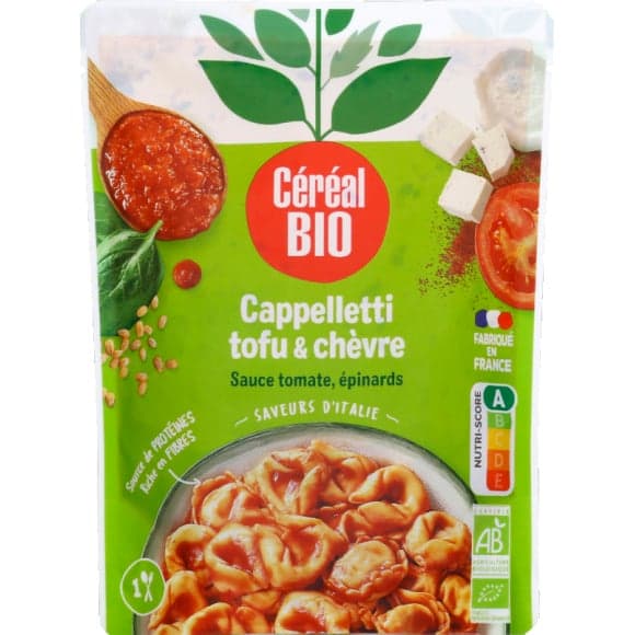 Cappelletti chèvre, tofu, épinards, sauce tomate cuisinée, sans viande, bio