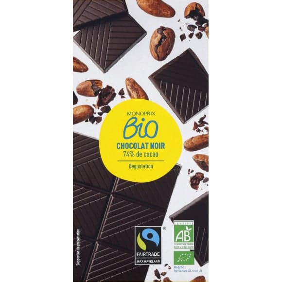 Chocolat noir dégustation 74% cacao, bio