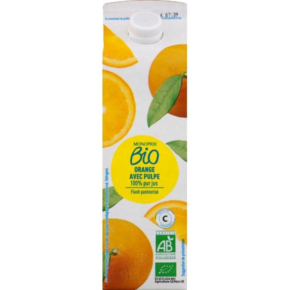 100 % pur jus d'orange, avec pulpe, bio