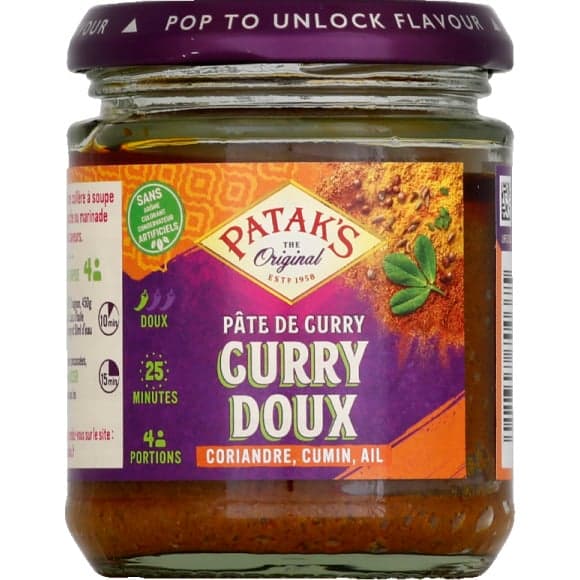 Pâte de curry doux, coriandre, cumin, ail, pour réaliser marinades et sauces