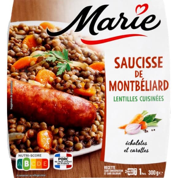 Saucisse de Montbéliard et lentilles cuisinés