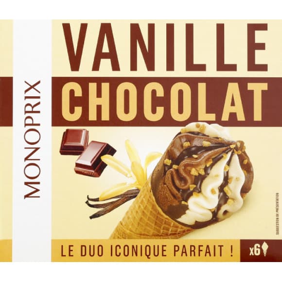 Cônes de glace à la vanille et de glace au chocolat avec un crayon de sauce au chocolat