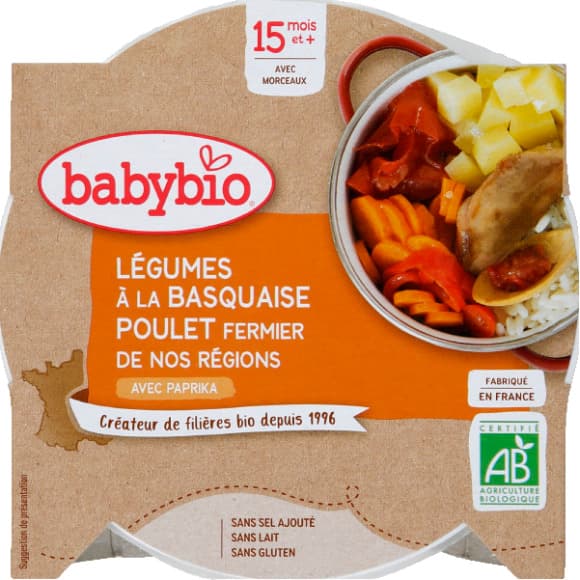 Légumes à la Basquaise, poulet fermier du Poitou, dès 15 mois