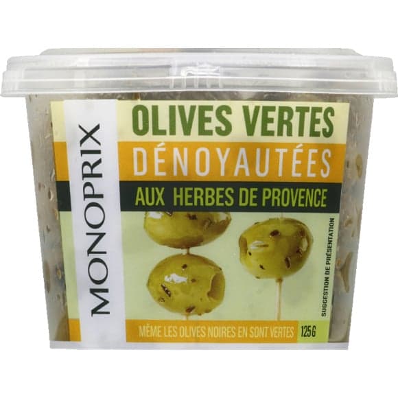 Olives vertes dénoyautées aux herbes de Provence