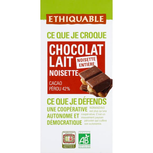 Chocolat lait noisettes bio
