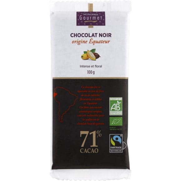 Chocolat noir Origine Equateur, intense & floral, 71% de cacao