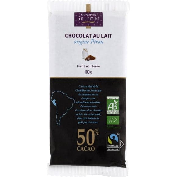 Chocolat au lait Origine Pérou, fruité & intense, 50% de cacao
