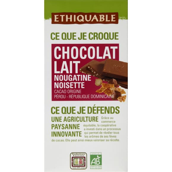 Chocolat lait nougatine noisette bio