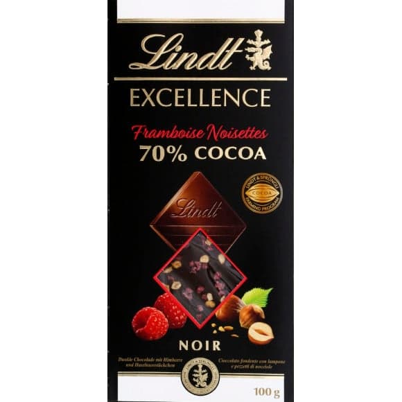 Chocolat noir aux framboises et noisettes, 70% de cacao
