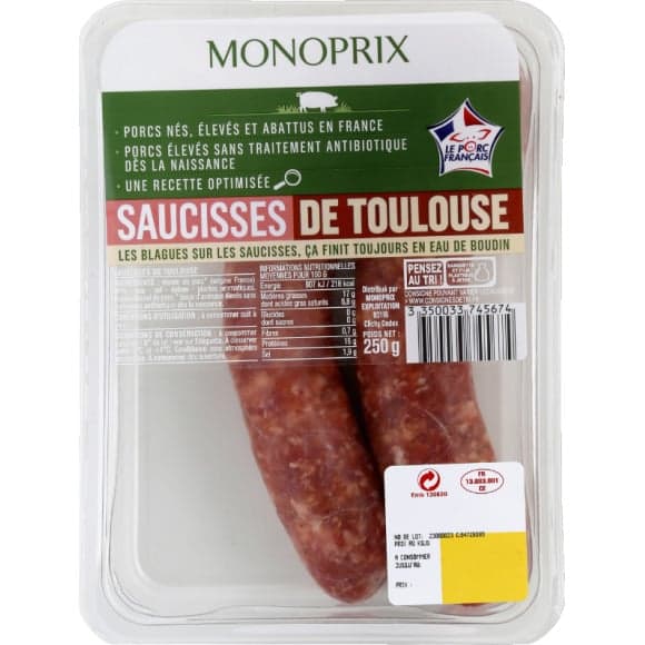Saucisses de Toulouse de porc élevé sans traitement antibiotique
