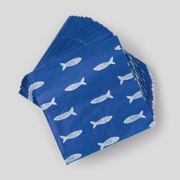 20 serviettes, sardine, fond bleu, 33x33cm