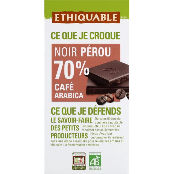Chocolat noir 70% cafe bio