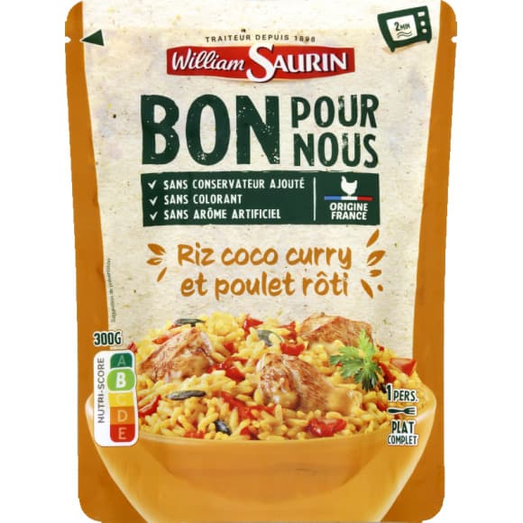 William saurin - doypack bons pour nous riz et poulet roti, sauce coco curry 300g