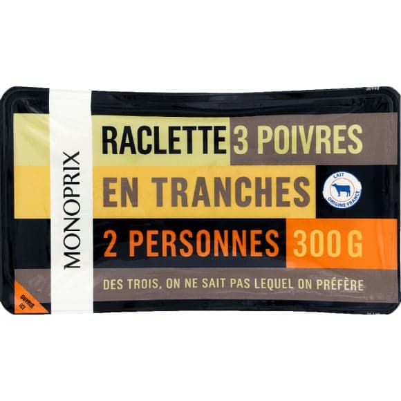 Monoprix raclette 3 poivres en tranches - 2 personnes - 300g