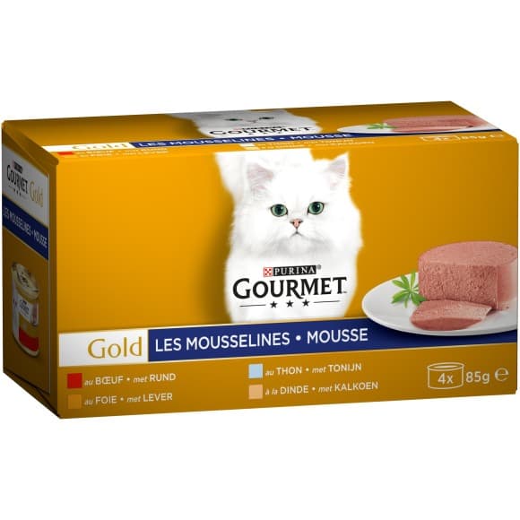 Mousselines Gold, mousse au thon, foie, dinde & boeuf pour chat