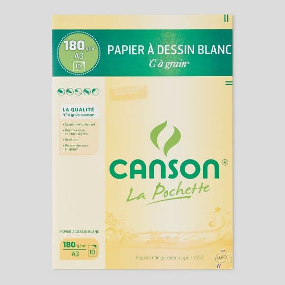 Papier à dessin blanc, C à grain, A3, 180gr/m², 10 feuilles