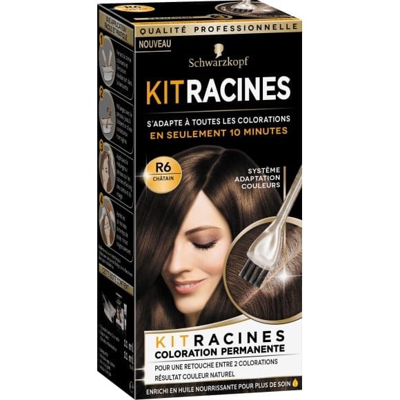 Schwarzkopf Kit Racines pour cheveux châtain R6, Coloration cheveux  permanente enrichie d’une huile nourrissante, Retouche racines entre 2  colorations