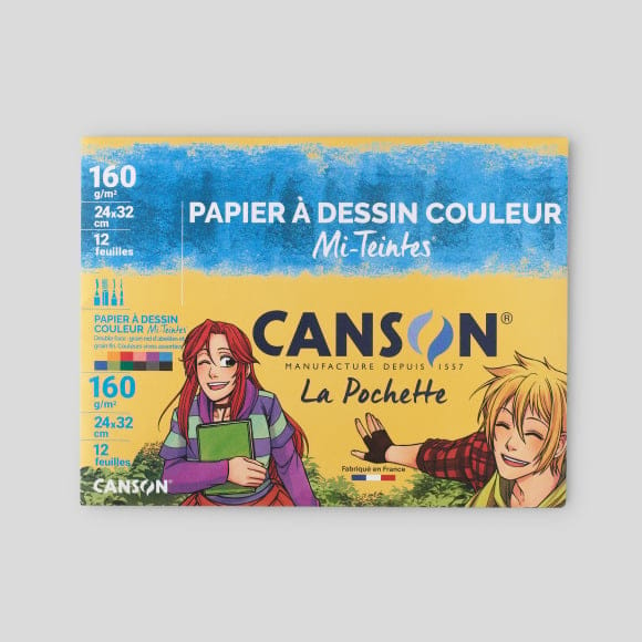 Pochette 12 feuilles papier à dessin couleur 24x32cm 160g Canson Mi-Teintes  Vives