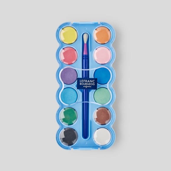 Palette de 12 pastilles de peinture gouache avec pinceau - Usage scolaire -  Gouaches - Peindre - Dessins - Peinture